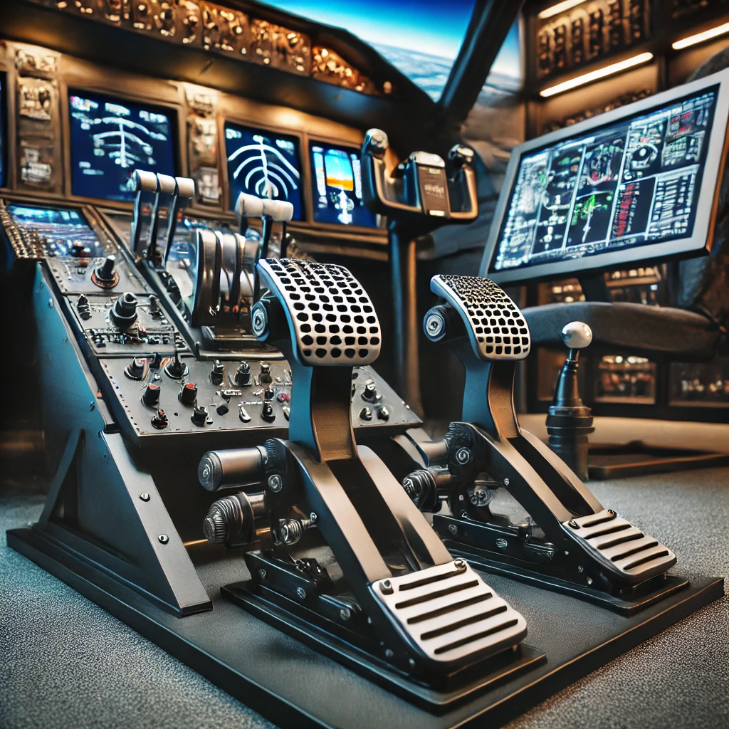 Advanced rudder pedals and control systems on a desk with a monitor displaying an in-flight cockpit view for enhanced flight simulation realism.