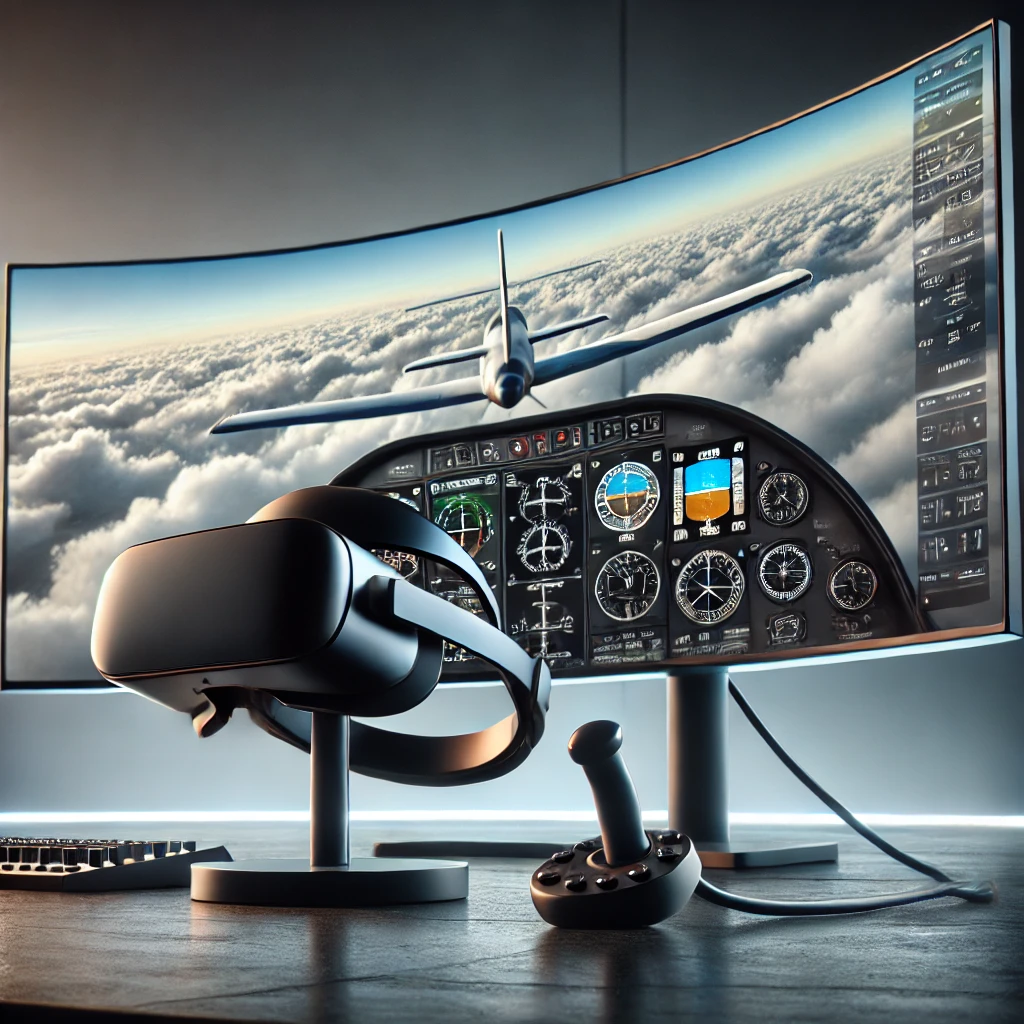 State-of-the-art VR headset and curved monitor displaying an aircraft in flight, representing advanced visual display technology in flight simulation.