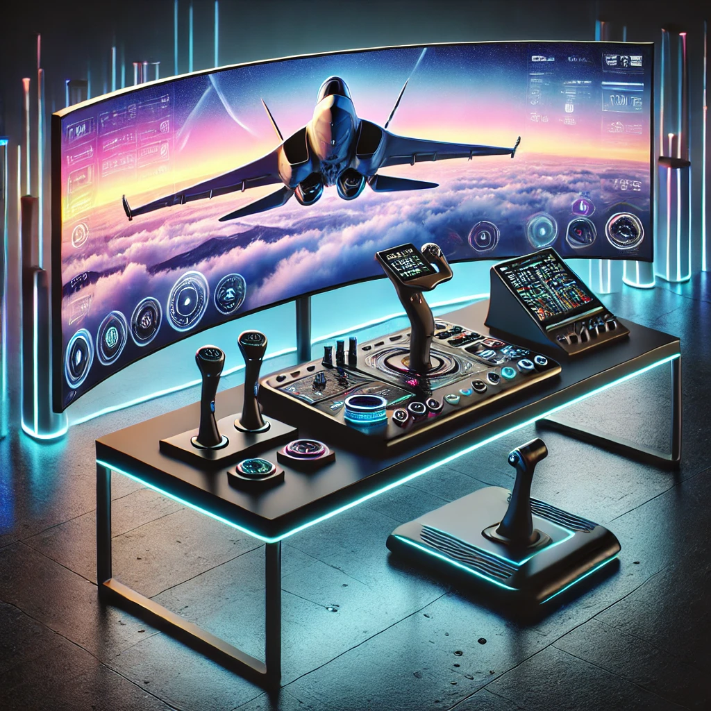 Next-generation flight simulation gear, including futuristic flight sticks, yokes, and rudder pedals with LED lighting and touchscreens, displayed on a sleek desk with a curved monitor showing a futuristic aircraft taking off.