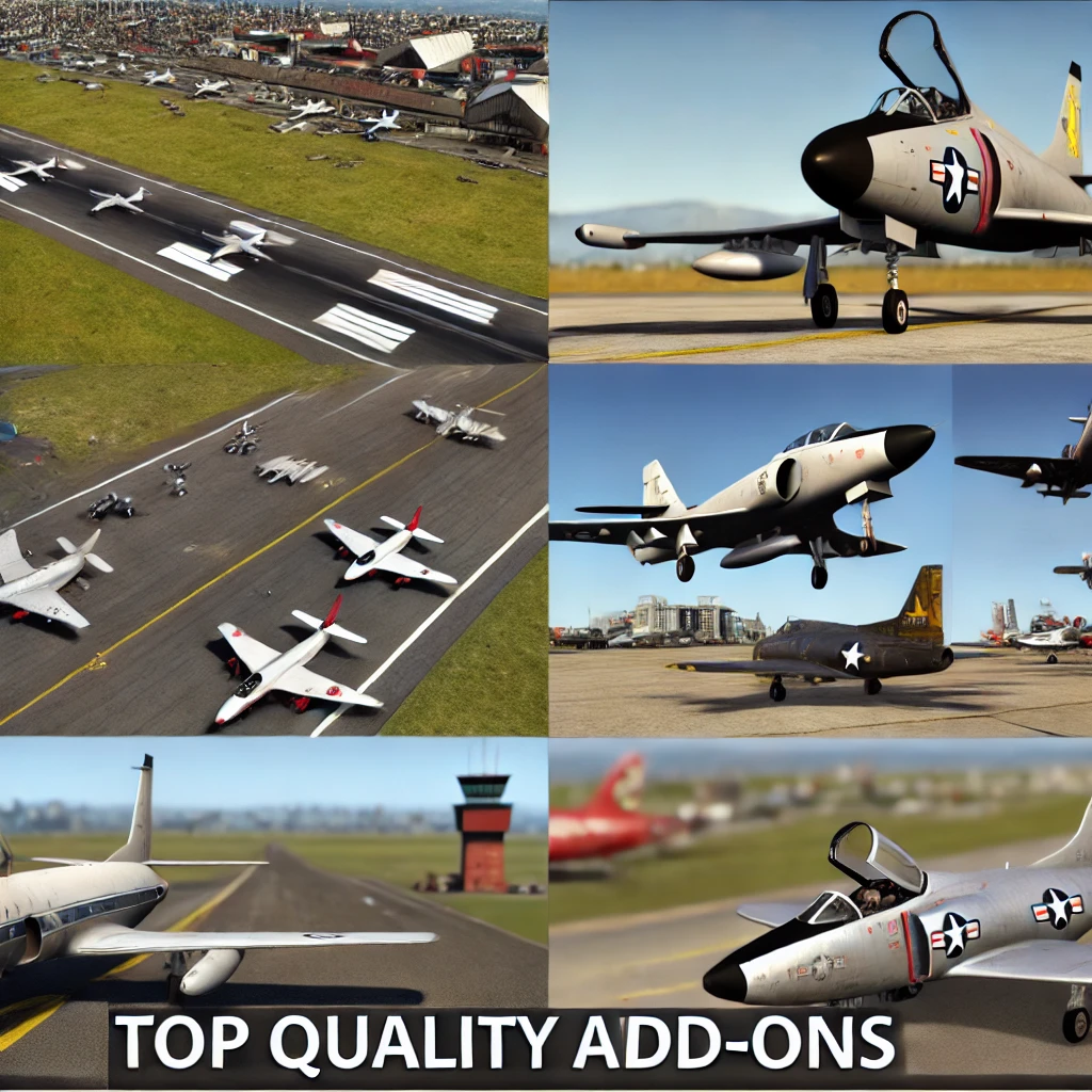 High-quality aircraft models for flight simulators, featuring both modern and classic planes with realistic details, showcased on a runway and in flight.