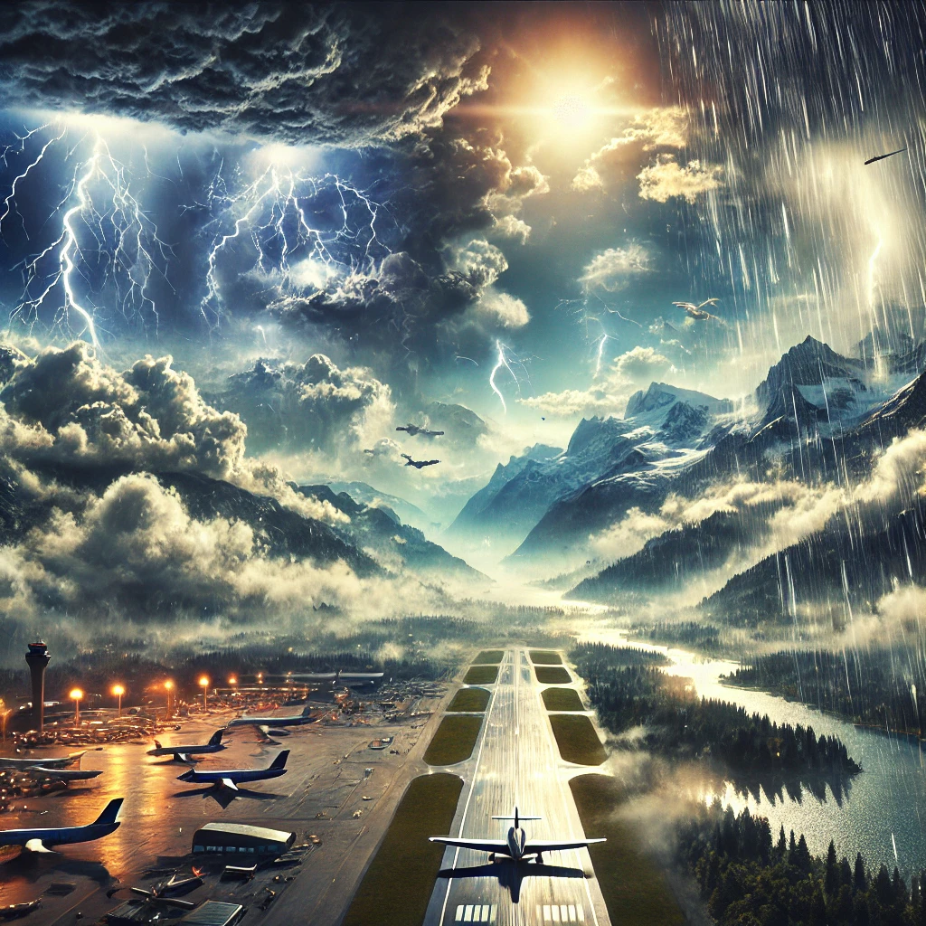 Dynamic weather and environment overhauls for flight simulators, showcasing thunderstorms, clear skies, heavy rain, and fog with realistic landscapes and lighting.