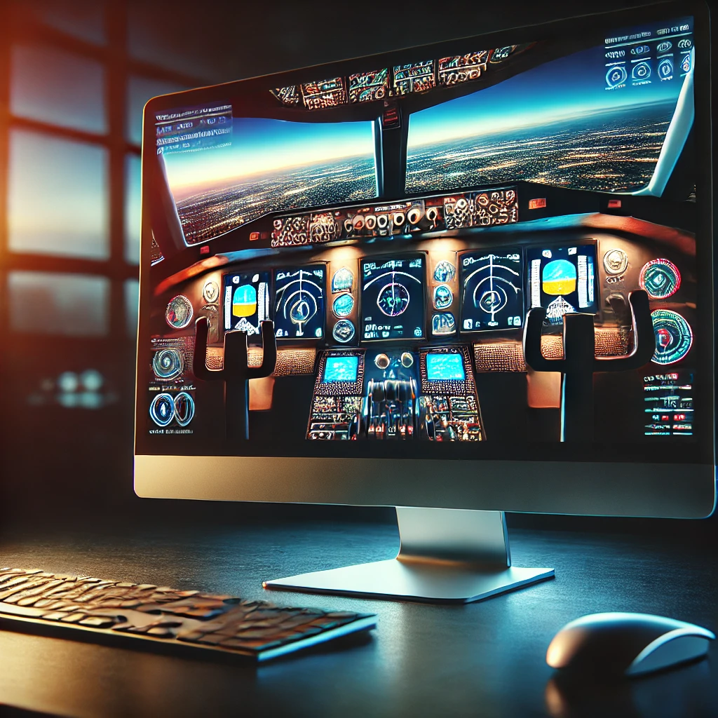 Digital artwork of a computer screen displaying a flight simulator in action, with a detailed cockpit view and realistic landscape.