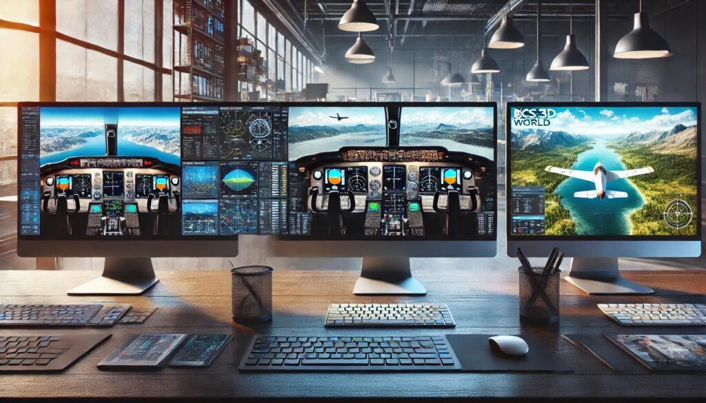 Digital graphic comparing three top flight simulator interfaces: Microsoft Flight Simulator, X-Plane, and Prepar3D, each displayed on separate screens within a high-tech environment.