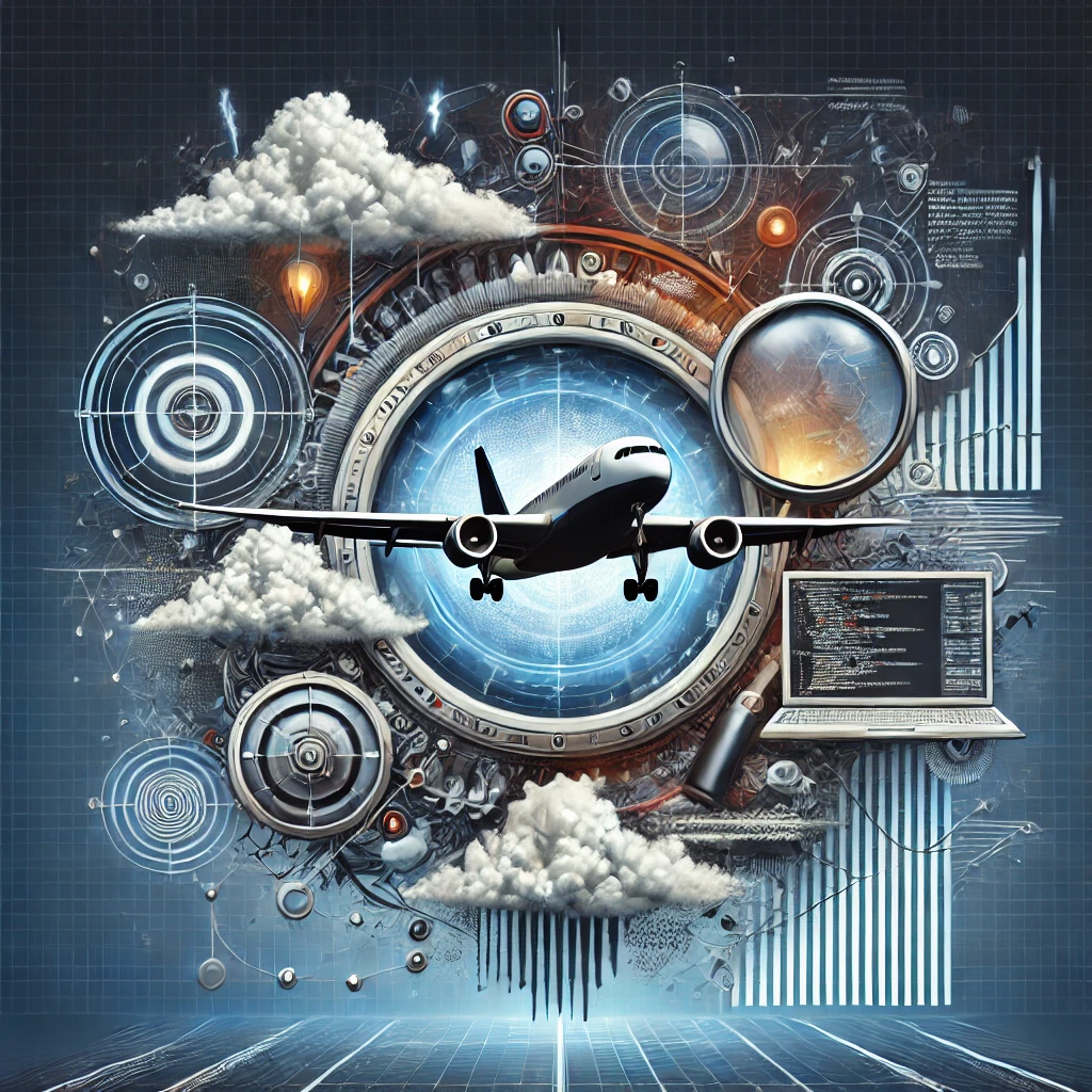  A modern, minimalistic graphic displaying symbolic icons that represent key aspects of the best flight simulator software, such as realism, flight accuracy, aircraft variety, geographic coverage, and immersive experience.