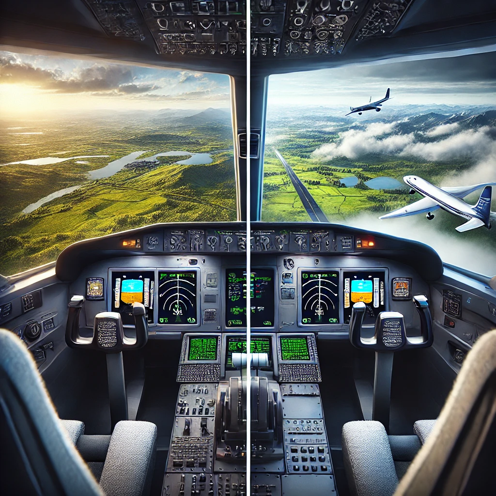 A comparison of cockpit views from Microsoft Flight Simulator 2024 and 2020, showcasing enhanced graphics and realism in the 2024 version.