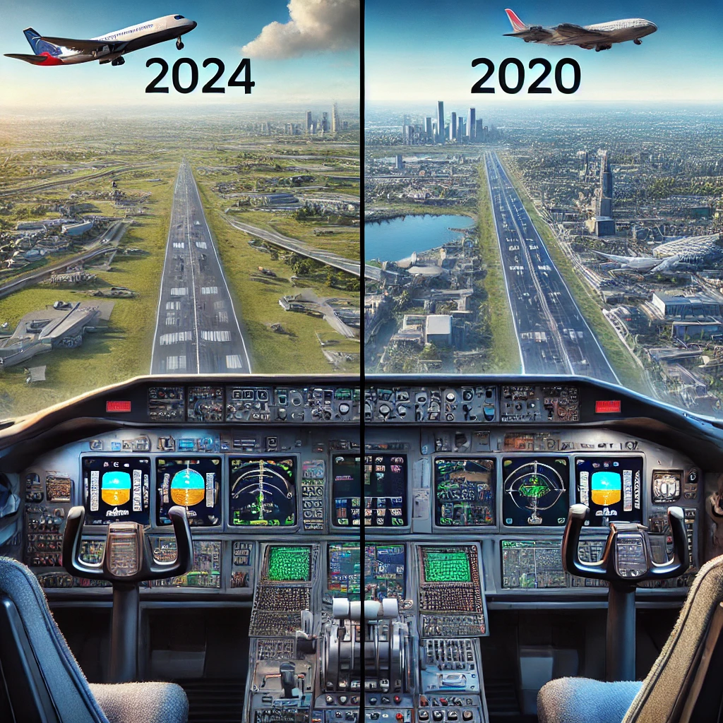  A side-by-side comparison of Microsoft Flight Simulator 2024 and 2020, with the 2024 version showcasing advanced avionics, modern cockpit displays, and highly realistic environments, compared to the simpler avionics and basic surroundings of the 2020 version.