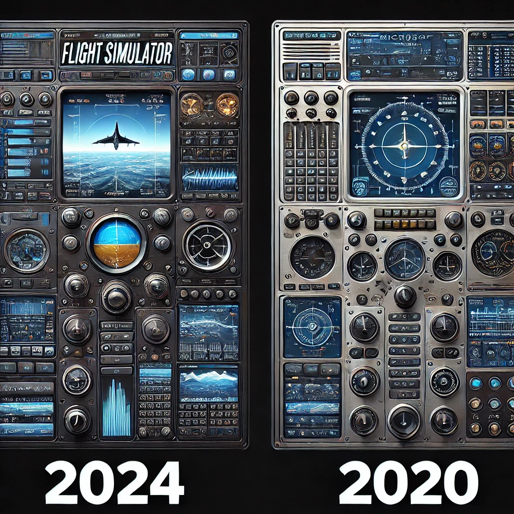  Side-by-side comparison of the user interface in Microsoft Flight Simulator 2024 and 2020, with the 2024 version showing a cleaner, simplified interface and the 2020 version displaying a more complex, traditional layout.