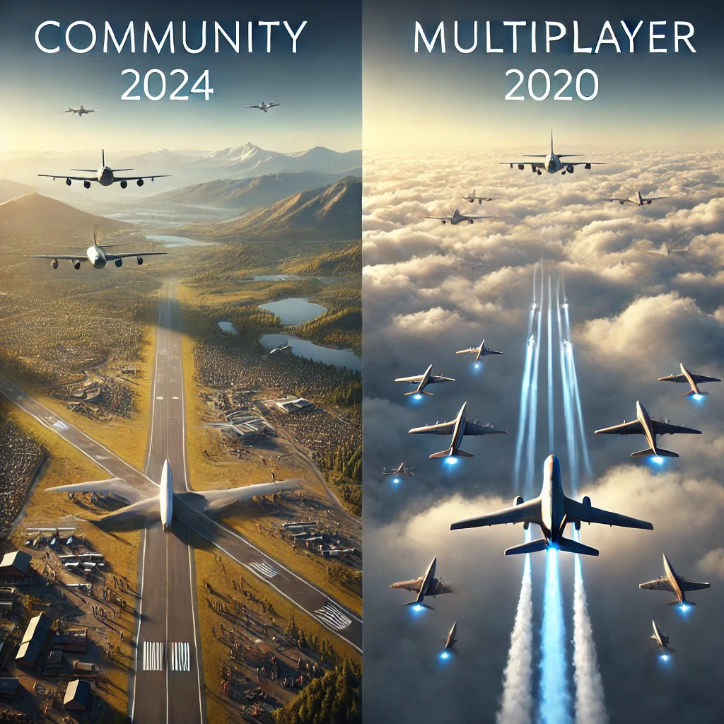 Side-by-side comparison of community and multiplayer features in Microsoft Flight Simulator 2024 and 2020, with the 2024 version showing multiple aircraft flying together and advanced communication tools, while the 2020 version shows a simpler multiplayer experience.