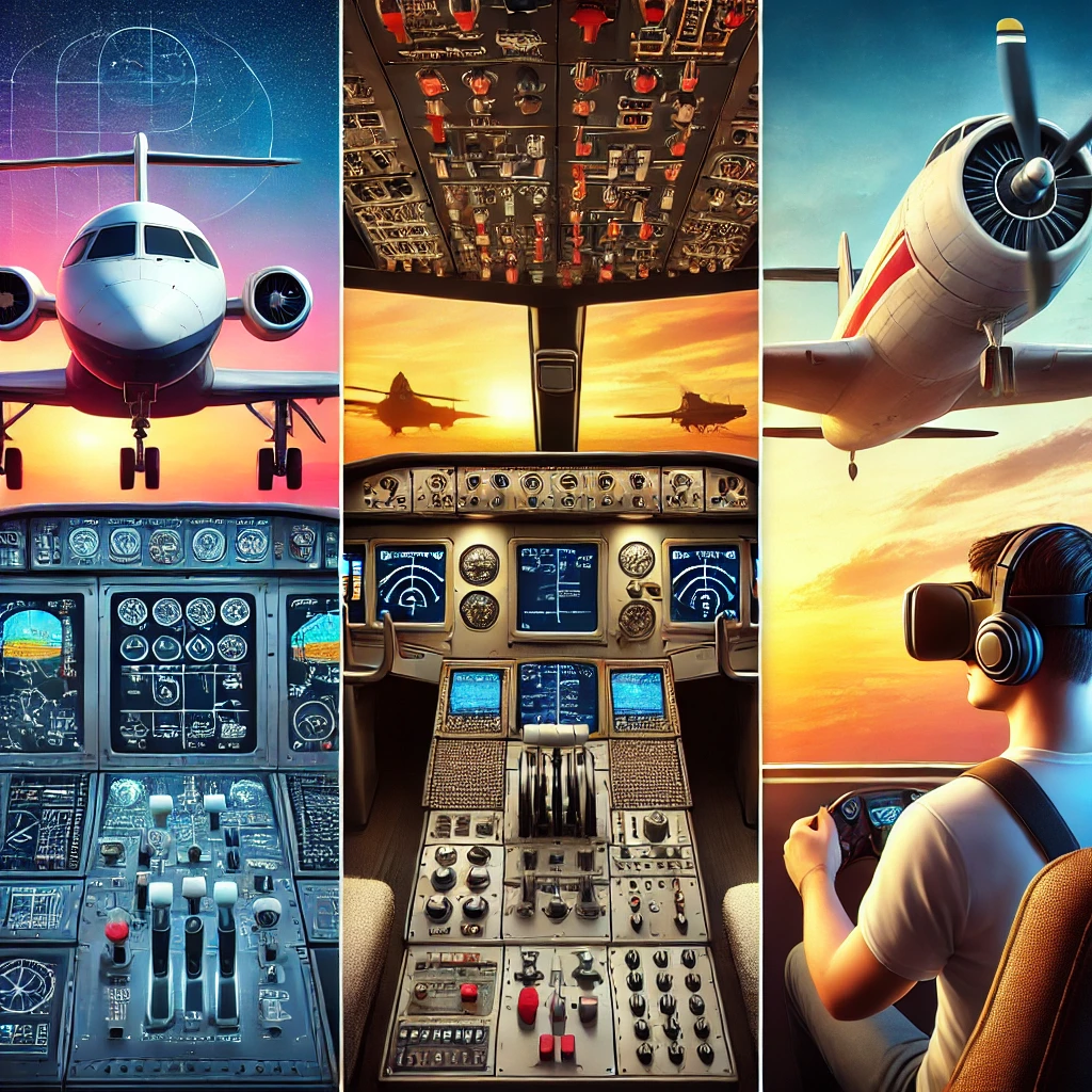 Comparison of flight simulators featuring a modern cockpit, vintage aircraft controls, and a VR setup.