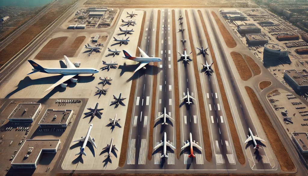 Aerial view of different aircraft types on varying runway lengths at an airport.