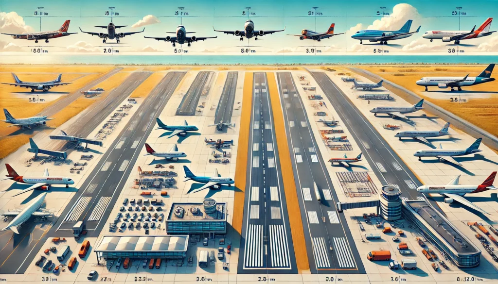 Specific aircraft types on marked runways showing required lengths for takeoff and landing.