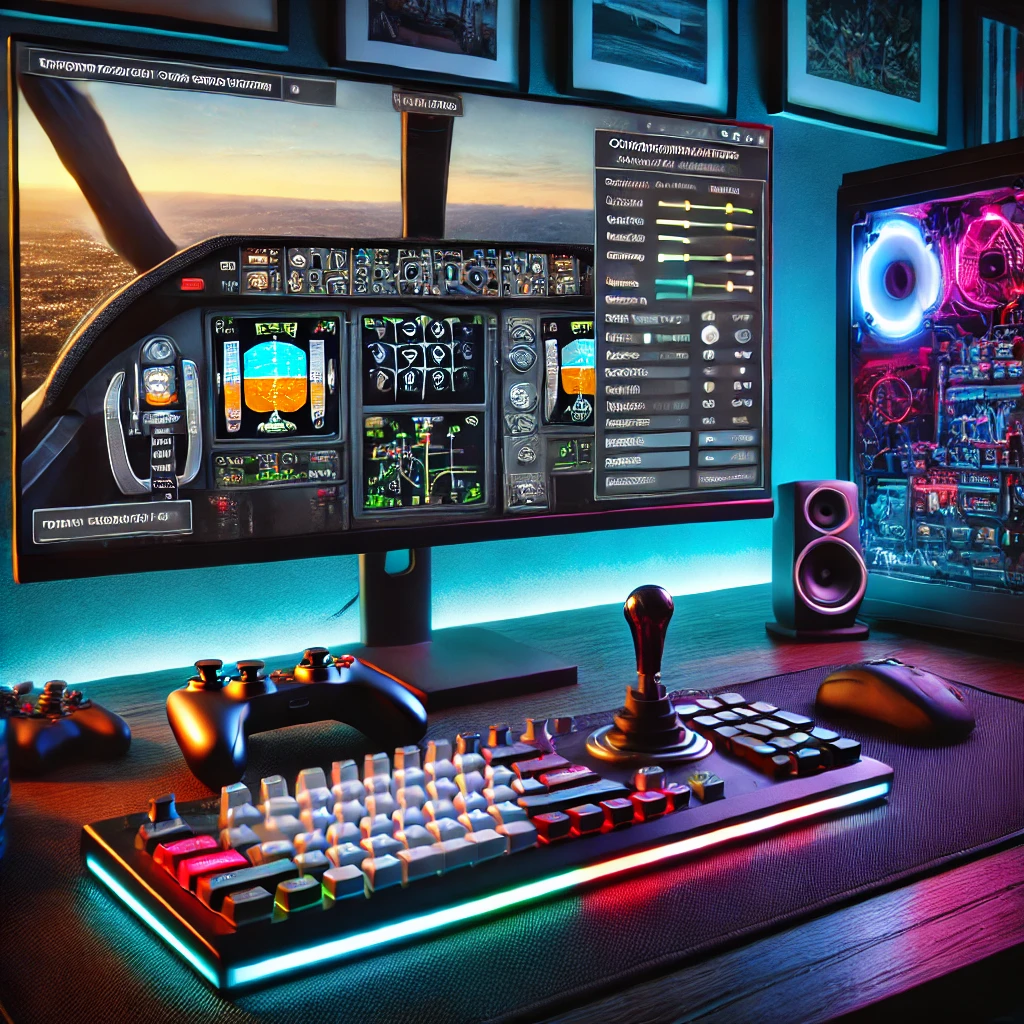 Detailed gaming setup with in-game configuration screen of a flight simulator, showing adjustment options on a monitor surrounded by various gaming peripherals.