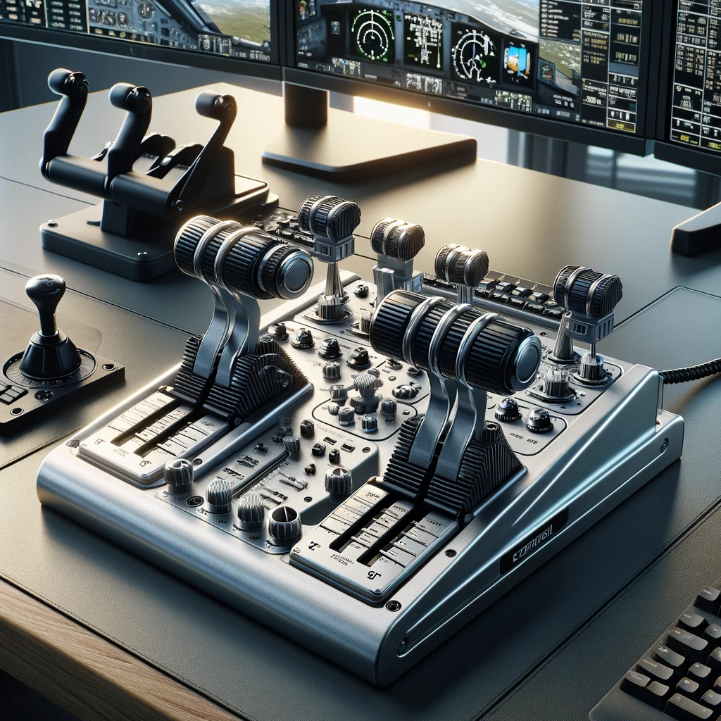 High-quality flight simulation throttle quadrant with multiple levers, placed on a modern desk setup alongside a flight yoke and rudder pedals. Dual monitors display a realistic cockpit view, creating an immersive simulation environment.