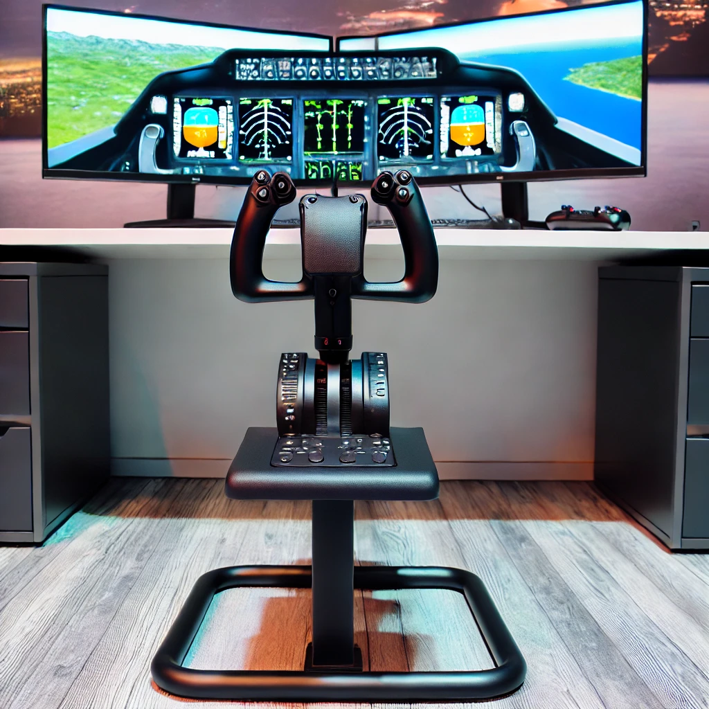 High-quality flight simulation setup with a premium flight yoke, ergonomic design, and multiple programmable buttons, mounted on a desk with dual monitors displaying a vibrant virtual cockpit.