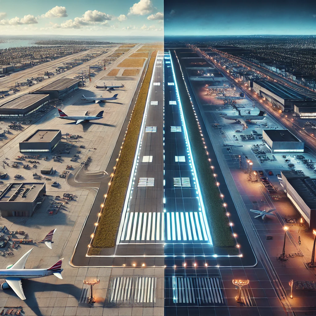 Digital illustration of runway layouts showing a side-by-side comparison of realistic and simplified designs in flight simulators