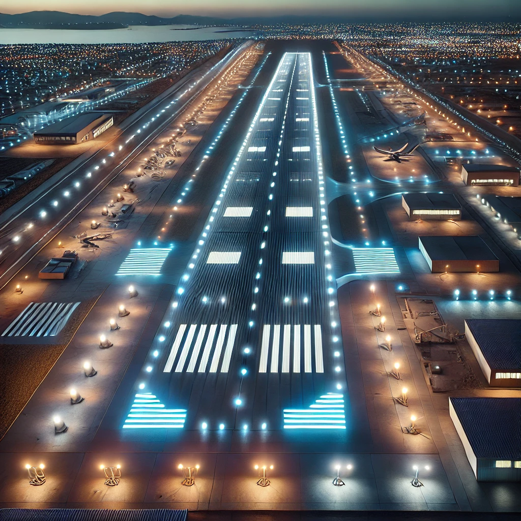 Detailed digital image of various runway surfaces and lighting types in a flight simulator, set during dusk. 