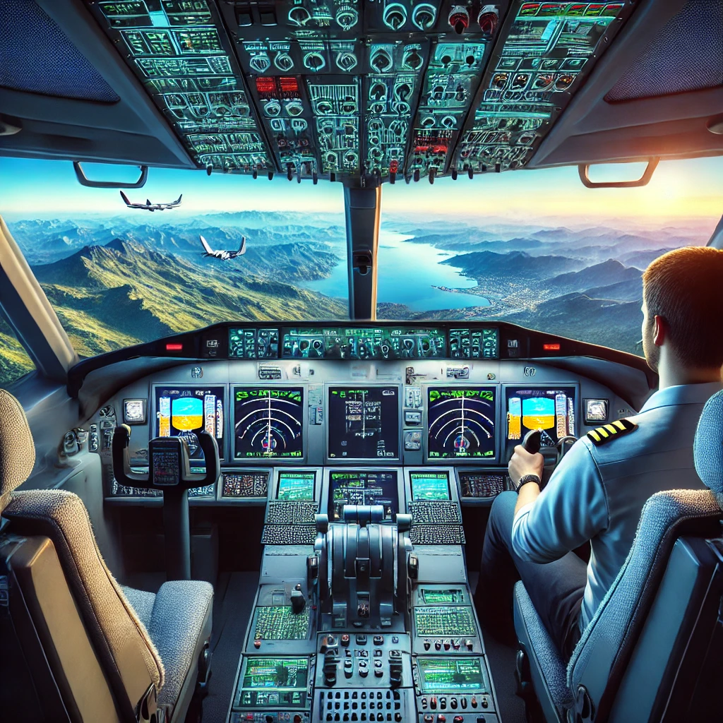 Virtual cockpit view in Flight Simulator X, showcasing realistic controls and a panoramic view of detailed landscapes through cockpit windows.