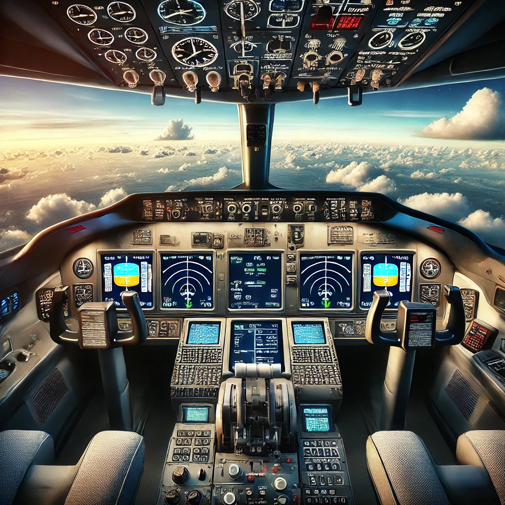 Virtual pilot’s cockpit view in Flight Simulator X, showing detailed flight controls and a dynamic landscape outside.