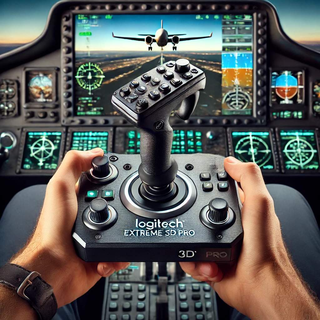 Action shot of a Logitech Extreme 3D Pro Joystick being used in a flight simulator, demonstrating precision and responsiveness during a critical flight maneuver.