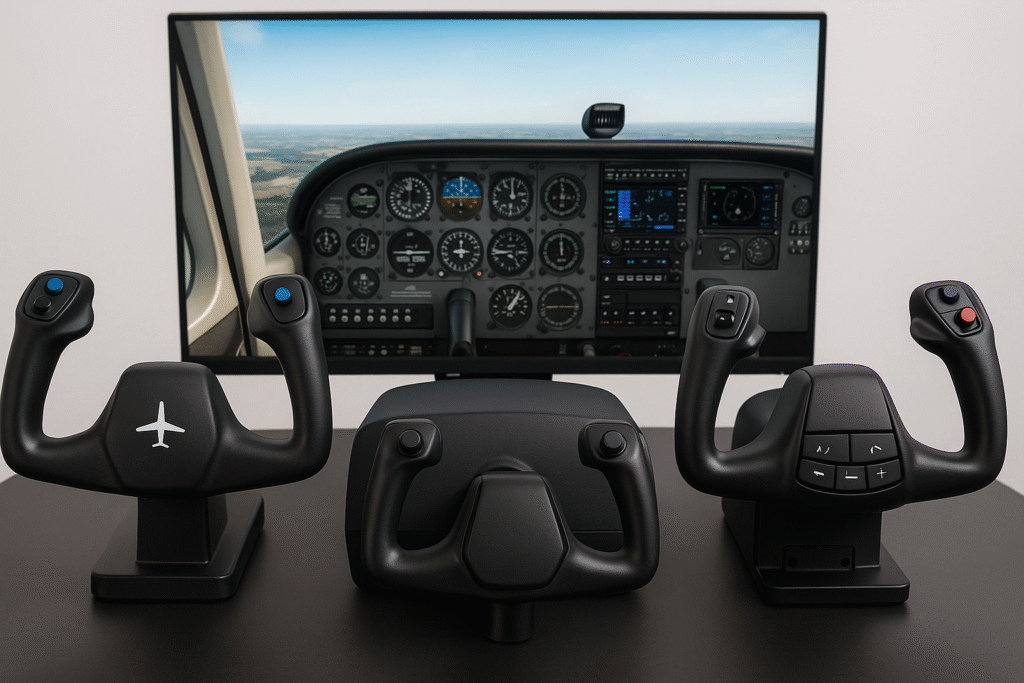 Three premium flight simulator yokes mounted in a virtual cockpit with analog gauges and a digital display in the background.