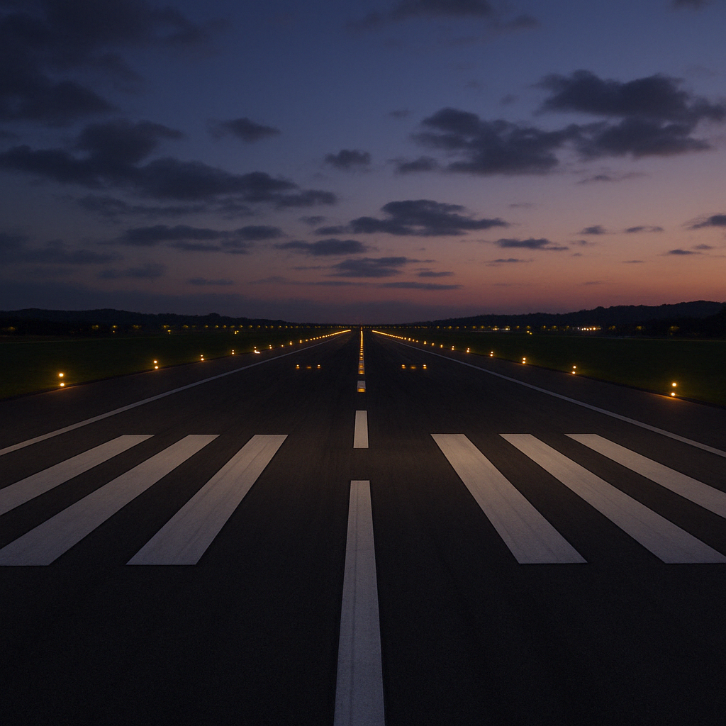 Twilight view of a realistic airport runway in a flight simulator, featuring illuminated edge lights, white centerline markings, and a fading orange-blue sky on the horizon.
