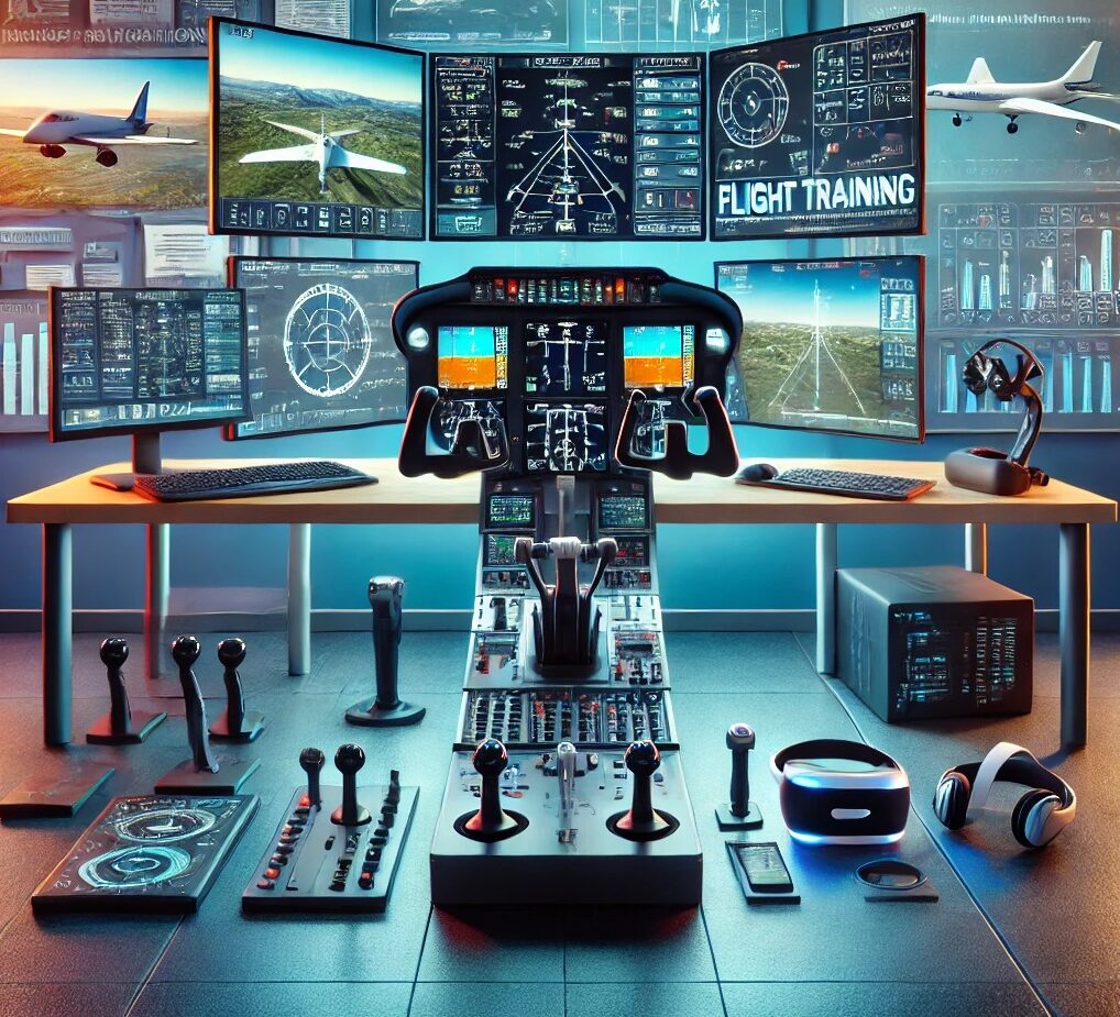 Modern flight simulator setup with multiple monitors displaying flight training programs, educational content, and realistic flight scenarios, surrounded by flight accessories and highlighting training manuals, curricula, and certification pathways.