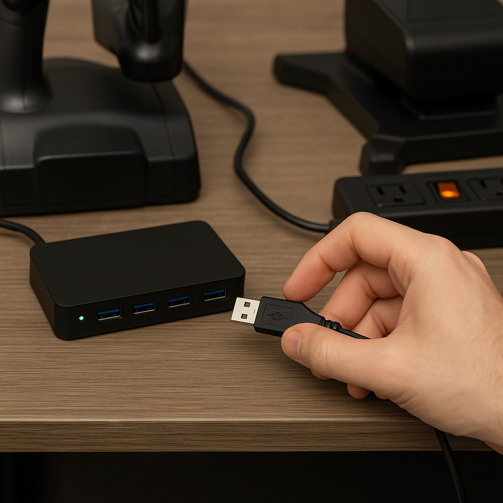 Hand plugging a USB cable into a powered USB hub near flight simulator hardware.