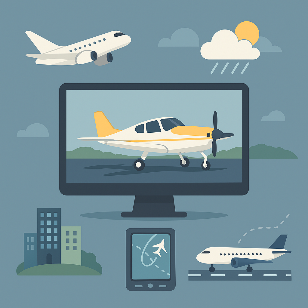Digital illustration of a flight simulator screen surrounded by aircraft, weather icons, a cityscape, and a navigation tablet, representing common flight sim add-ons.