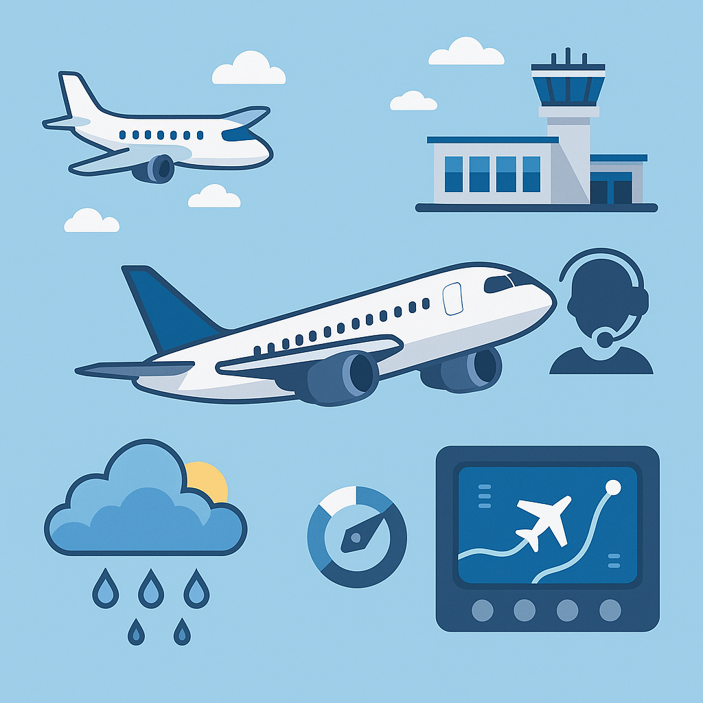 Flat-style illustration of various flight simulator add-on types including aircraft, airport, weather, navigation screen, and ATC headset on a blue background.