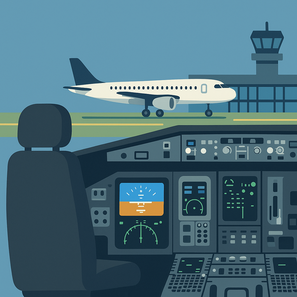 Illustration of a realistic aircraft cockpit and an airport scene with a commercial jet and control tower, symbolizing aircraft and scenery add-ons.