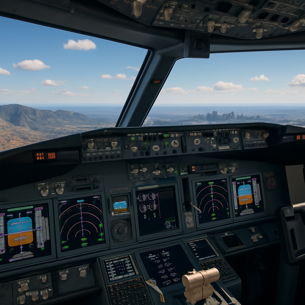 A detailed cockpit view from a modern flight simulator showing scenic terrain through the windshield