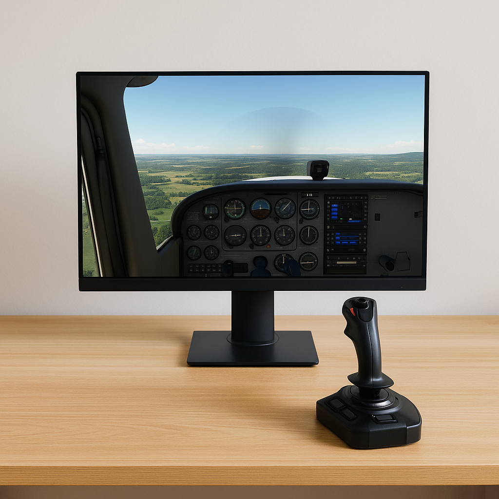 A simple beginner flight simulator setup with a monitor showing a Cessna in flight and a basic joystick on a desk