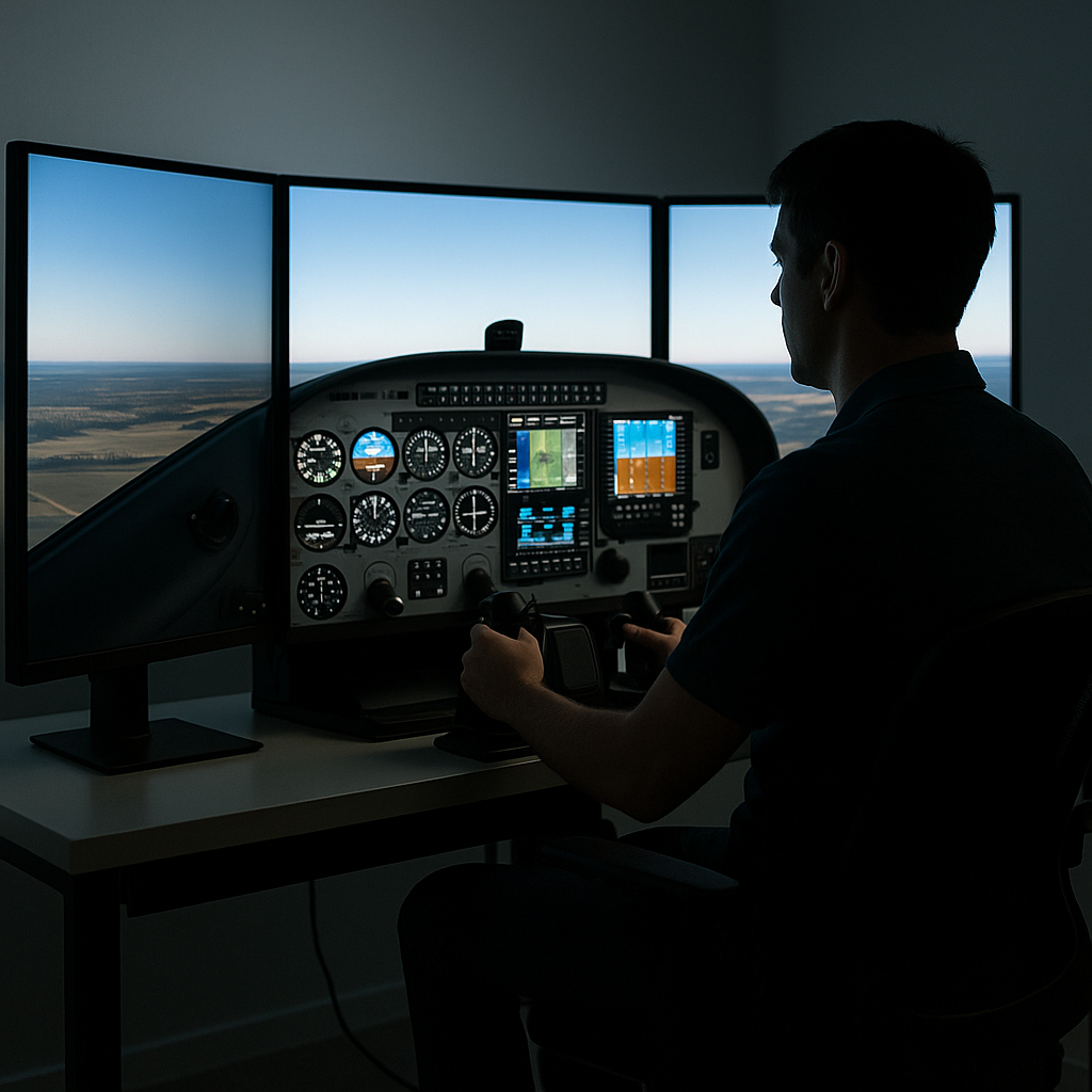 A realistic flight simulator setup used for training, showing multiple monitors and flight controls in a home or professional environment