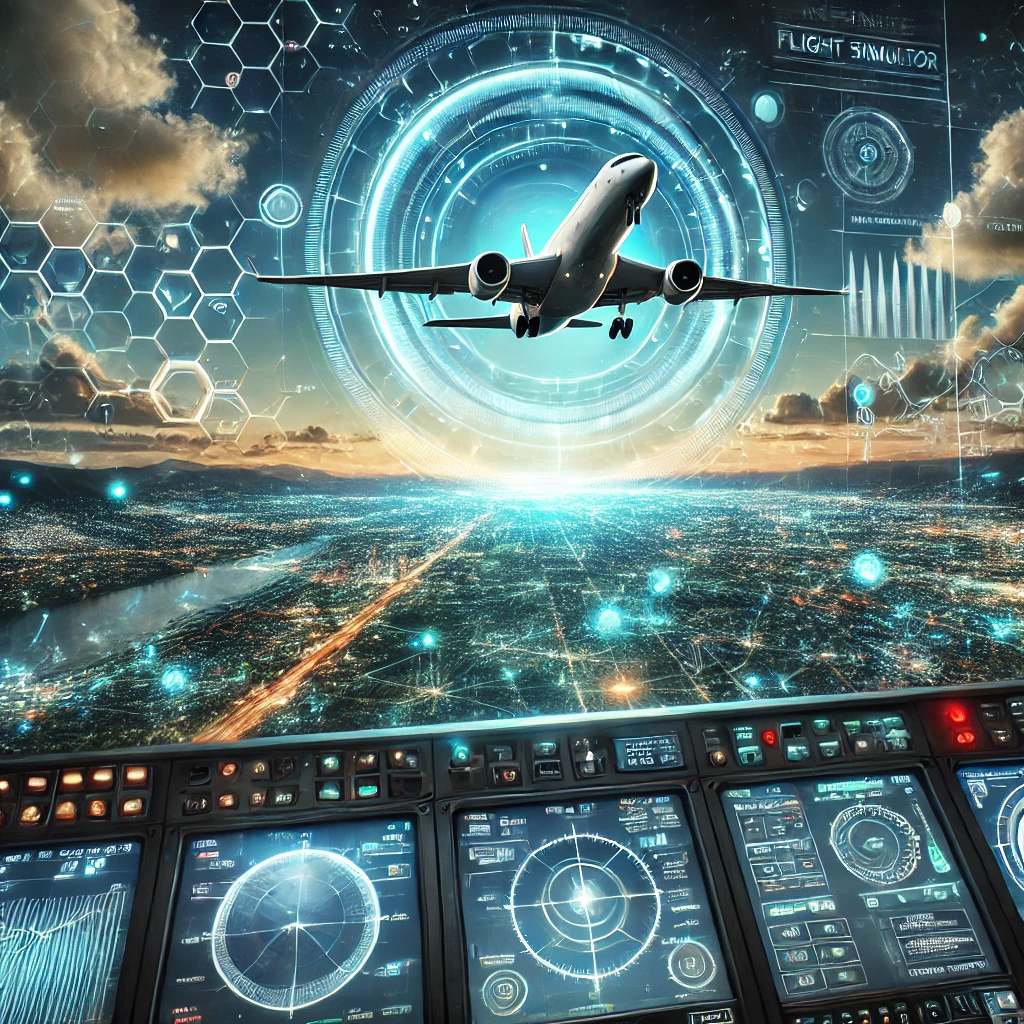 The future of Infinite Flight Simulator featuring augmented reality overlays, AI navigation, and photorealistic landscapes with a glowing cityscape.