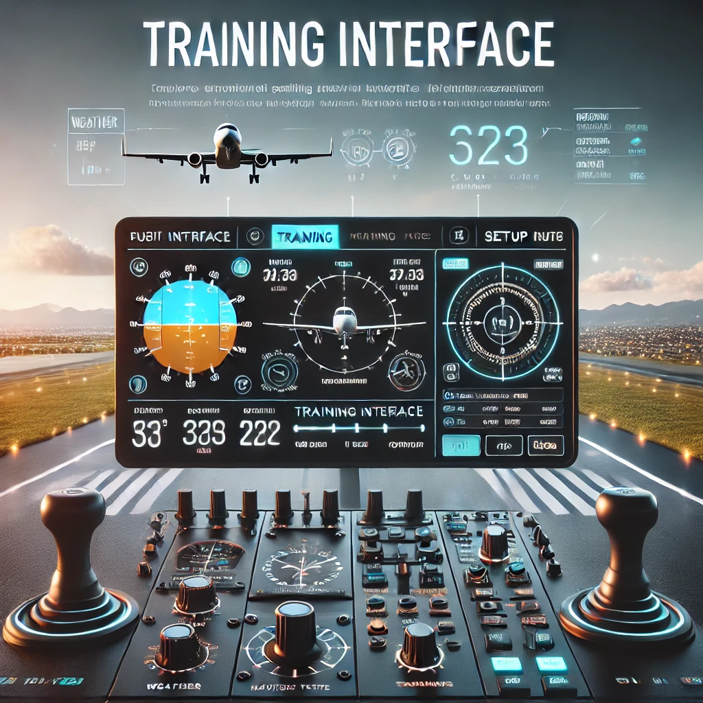 User interface of Microsoft Flight Simulator, showcasing flight controls, navigation aids, and a setup menu with adjustable settings like weather and aircraft type. A preview of a virtual runway scene is visible in the background.