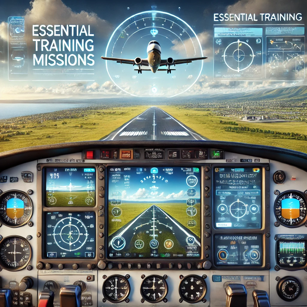 Cockpit view of Microsoft Flight Simulator showing flight instruments and a tutorial overlay with basic maneuvers. The background includes a scenic view of rolling hills and a runway under a serene blue sky with scattered clouds.