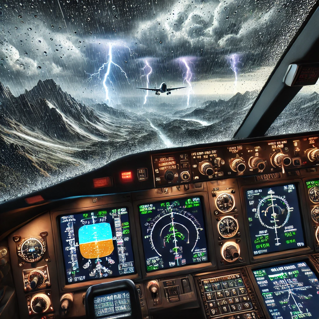 Cockpit view of Microsoft Flight Simulator during advanced training, showing detailed instruments and emergency alerts as the aircraft navigates a thunderstorm with rain, lightning, and rugged mountainous terrain.