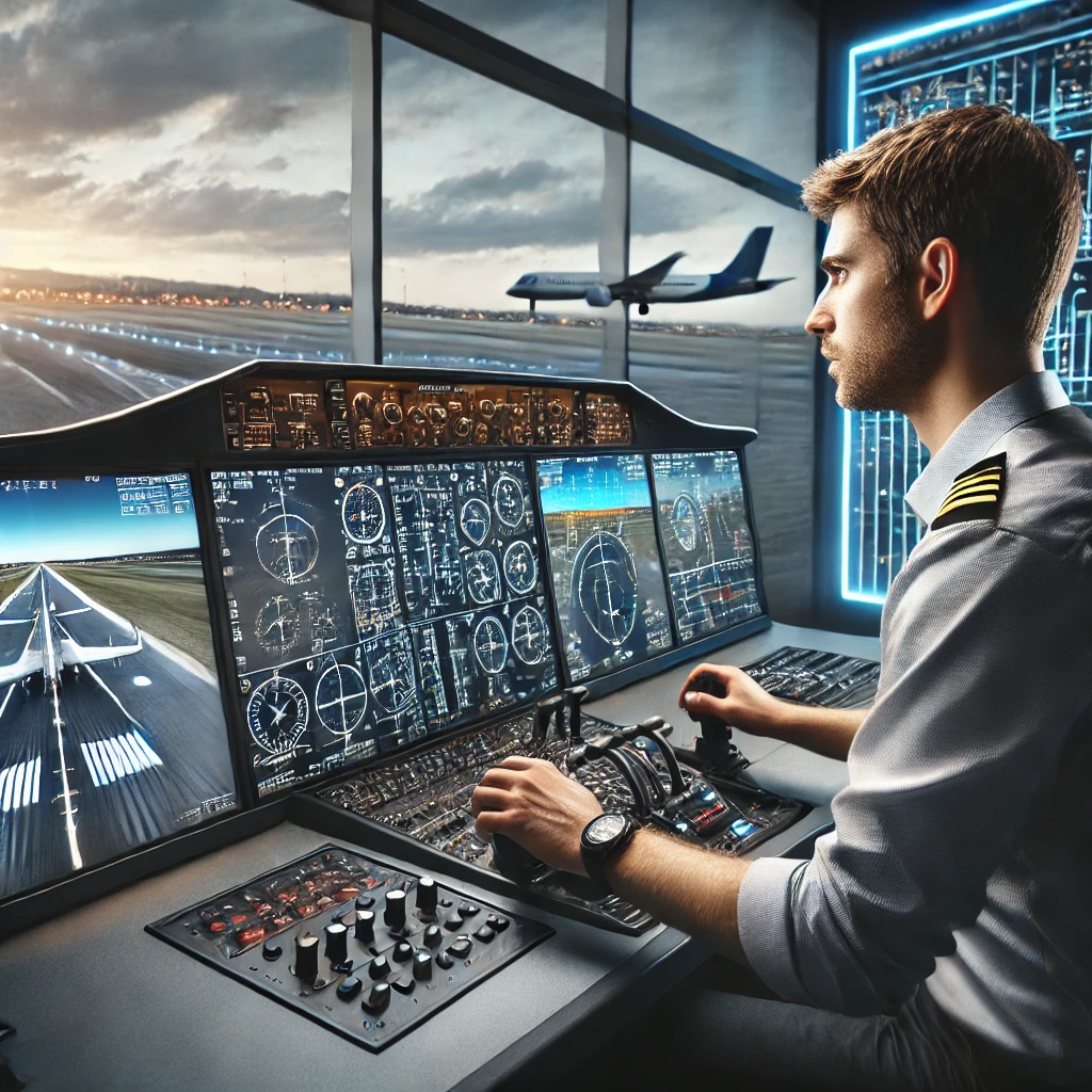 A professional pilot working on a Microsoft Flight Simulator setup with multiple screens, showcasing detailed cockpit controls and real-time flight scenarios. A real-world runway and airport are overlaid in the background.