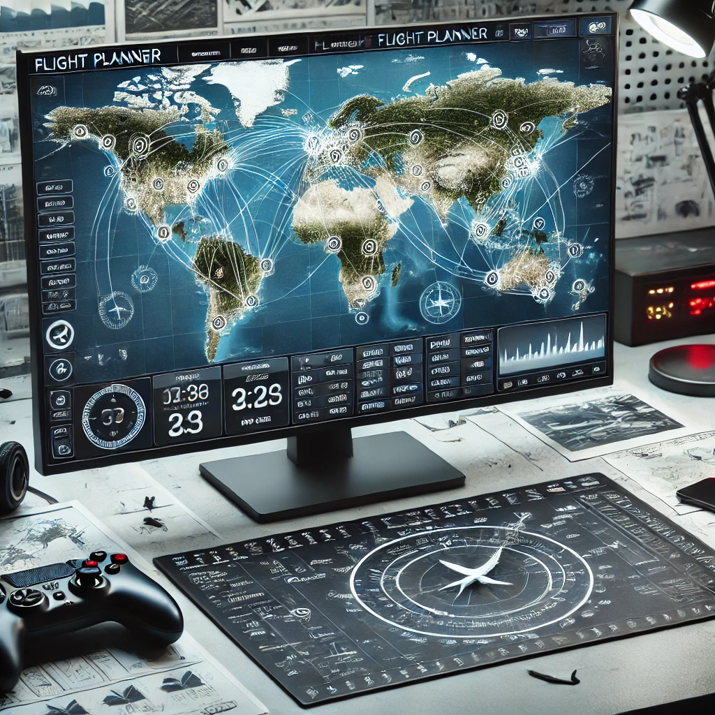 Modern flight simulator flight planner interface displayed on a computer screen, featuring a world map with flight paths, waypoints, and airport markers, surrounded by aviation accessories on a well-lit desk.