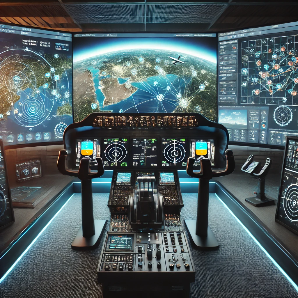 Flight simulator cockpit with an integrated flight planner on multiple monitors, displaying a virtual map with flight paths, waypoints, and weather data, surrounded by aviation controls and a professional headset.