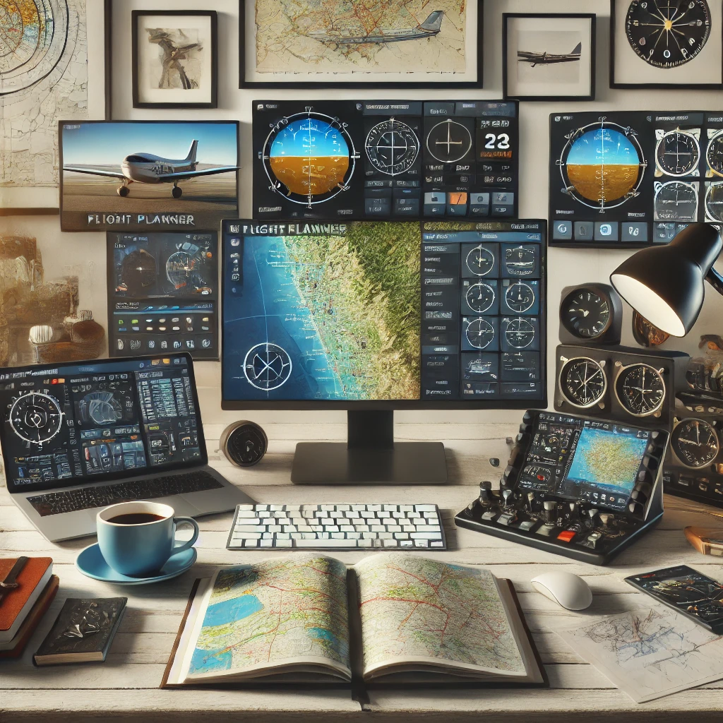 Desk setup displaying a comparison of flight planner software on multiple screens, featuring maps, weather updates, and navigation tools, with aviation charts, a pilot's handbook, and a cup of coffee nearby.