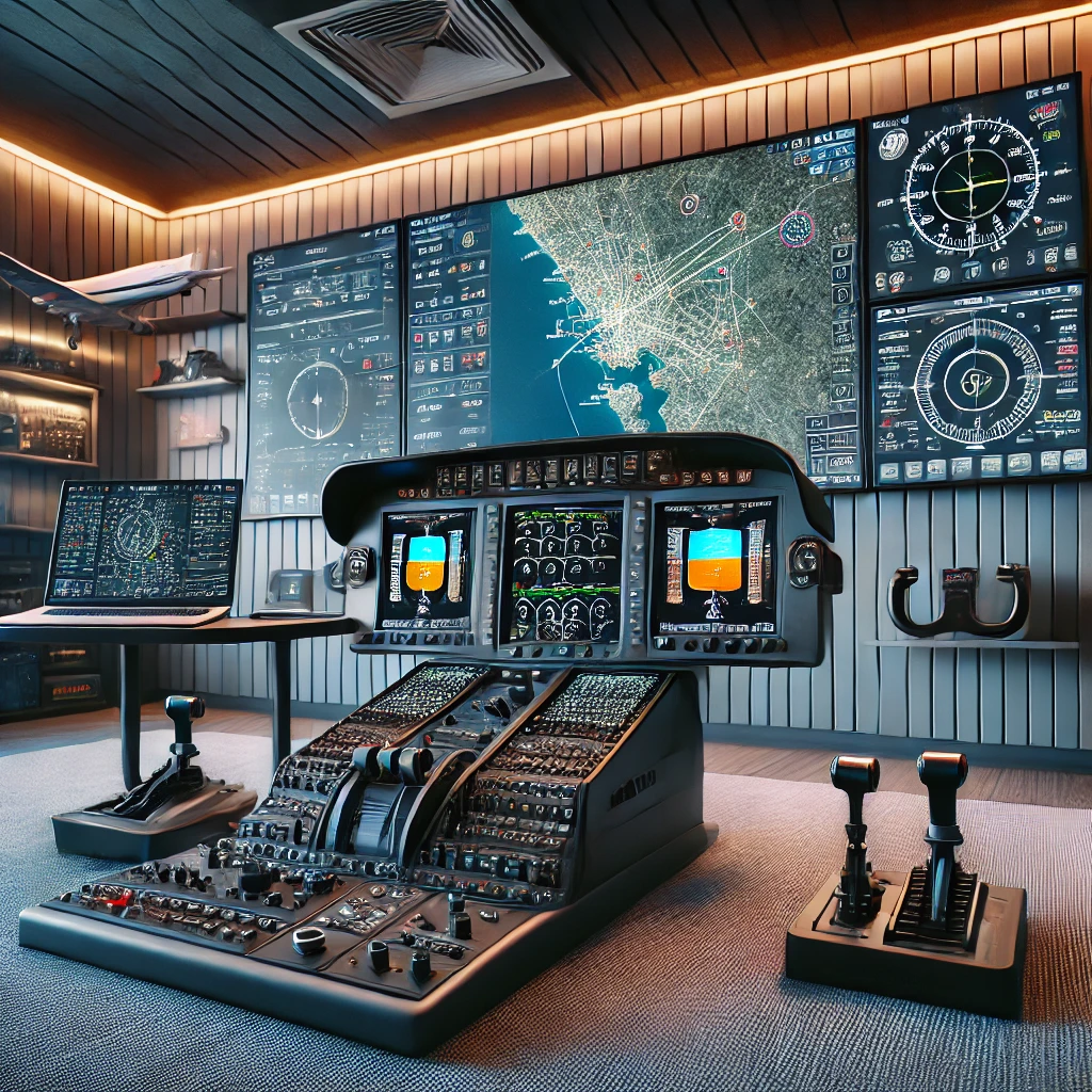 A modern flight simulation setup showcasing the integration of a flight planner with a simulator, featuring multiple monitors with synchronized flight data, a detailed map, and connected aviation controls.