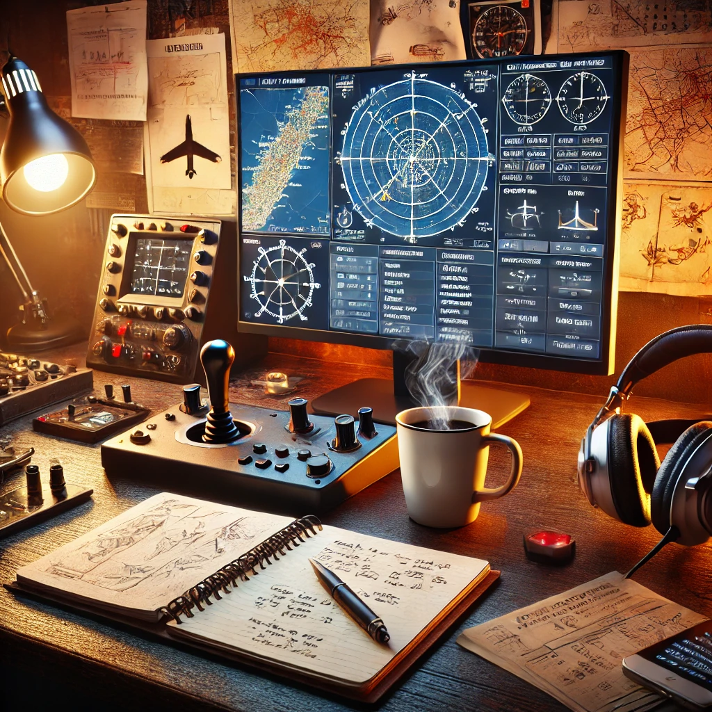 A virtual pilot's desk featuring a flight planner on a monitor, alongside aviation charts, checklists, a joystick, a notebook with handwritten tips, a headset, and a cup of coffee.