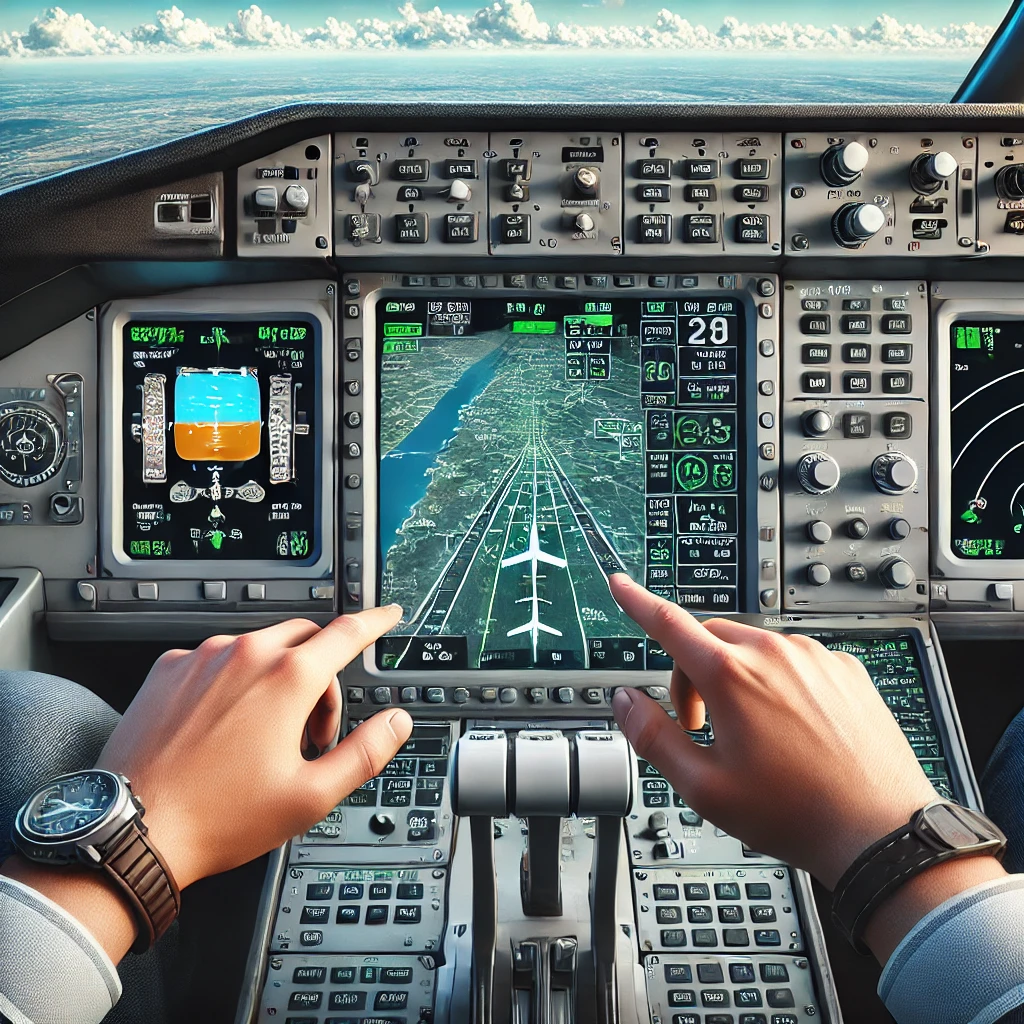 A digital illustration of a virtual cockpit in a flight simulator, featuring a pilot's hands interacting with a Flight Management System (FMS) screen displaying navigation settings and waypoints, with a simulated cloudy sky visible through the cockpit windows.