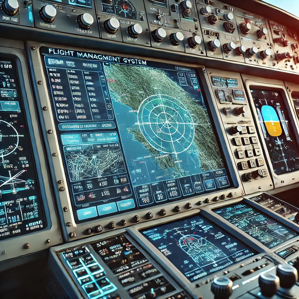 A detailed illustration of a Flight Management System (FMS) interface in a modern aircraft cockpit, with navigation data, waypoints, and route maps displayed prominently on the screen. Surrounding the FMS are cockpit controls, with a clear blue sky visible through the windows.