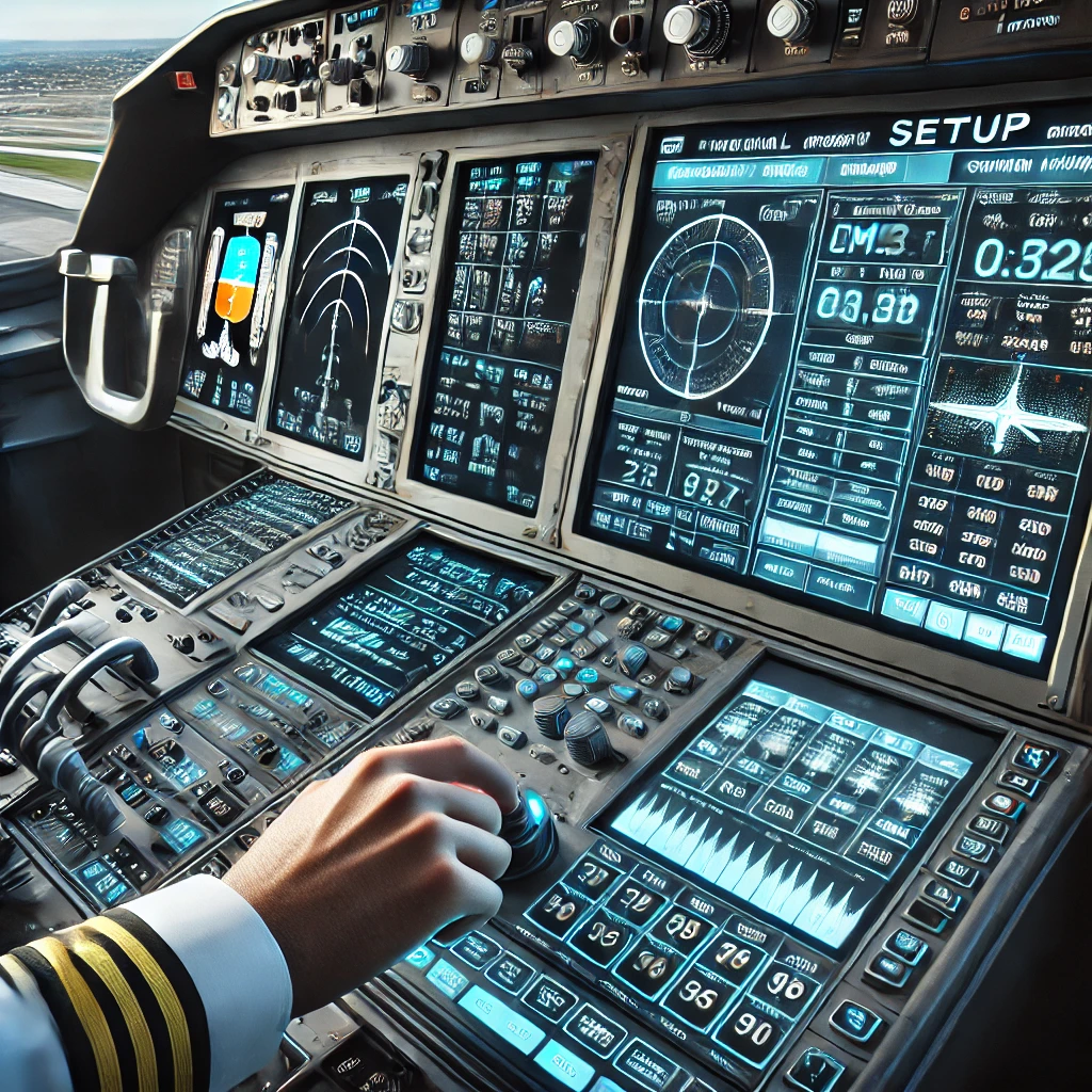 An illustration of a Flight Management System (FMS) interface in a modern aircraft cockpit, showing a pilot's hand interacting with the FMS keypad during initial setup. The screen displays fields for entering departure, arrival airports, and route data, with a runway visible through the cockpit windows.