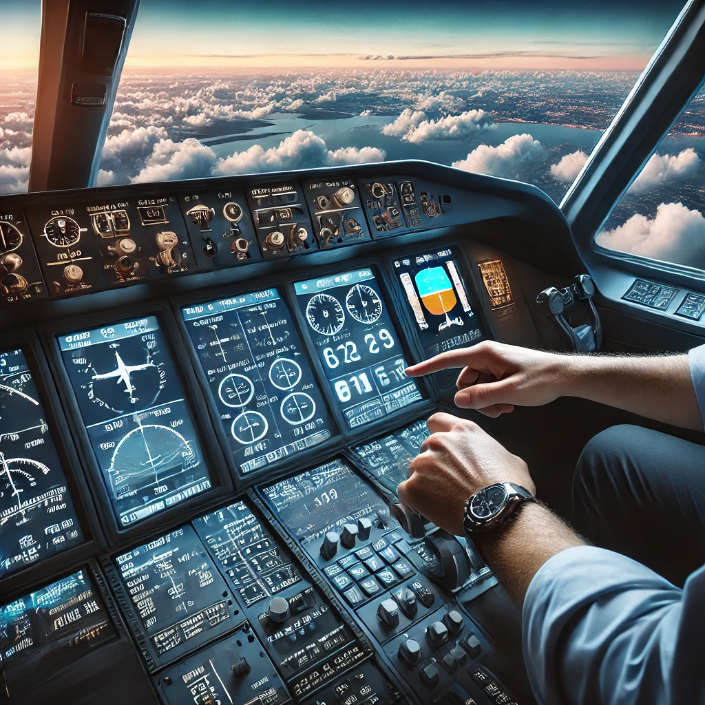 A digital illustration of a pilot using a Flight Management System (FMS) during an in-flight modification, with the screen displaying real-time flight data, updated routes, and altitude adjustments. The cockpit view includes active instruments and a simulated horizon with clouds through the windows.