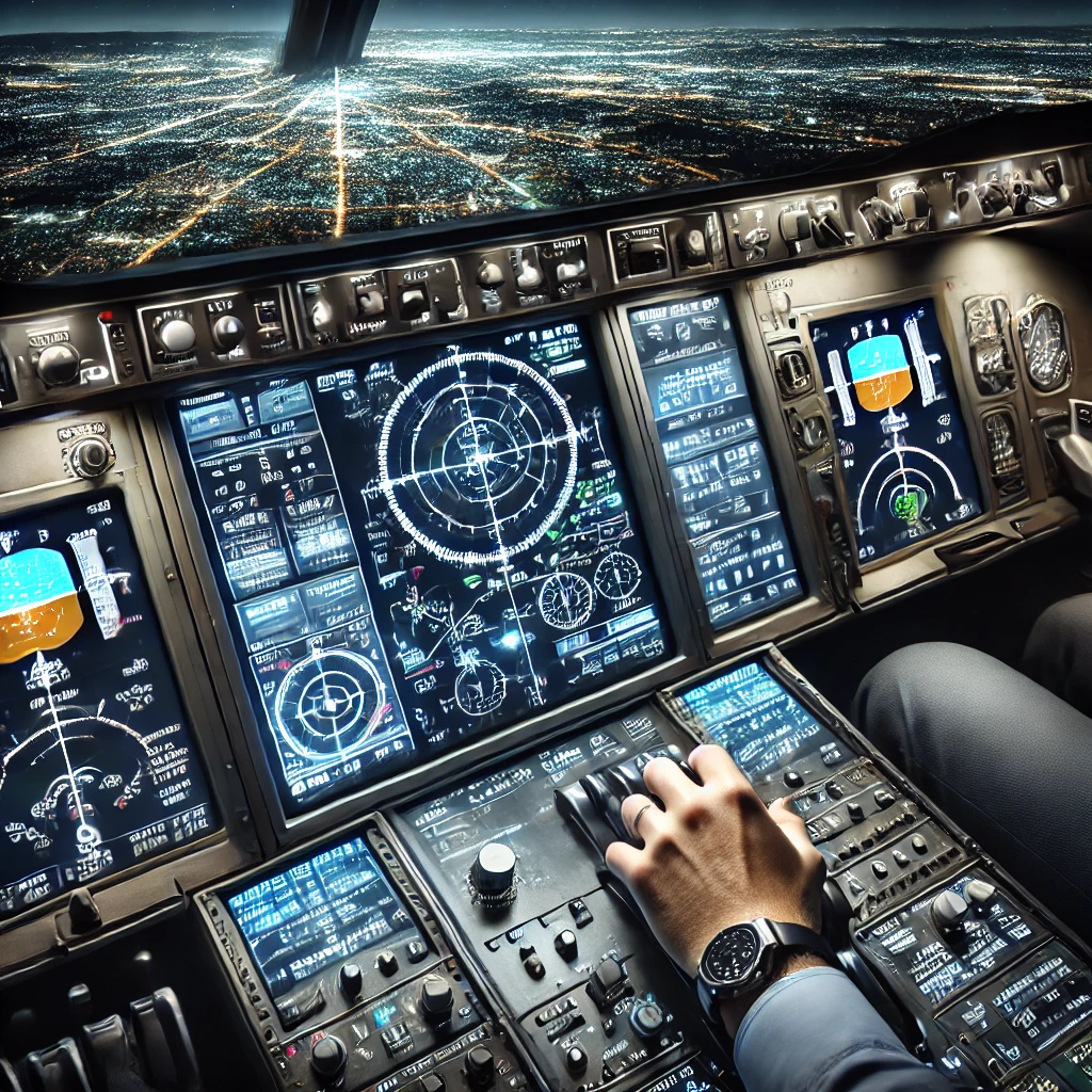 A digital illustration of a Flight Management System (FMS) in use during a simulated flight, showcasing advanced navigation data, multi-leg routes, fuel calculations, and performance settings. A pilot's hand is interacting with the FMS controls, with a simulated night sky and city lights visible through the cockpit windows.