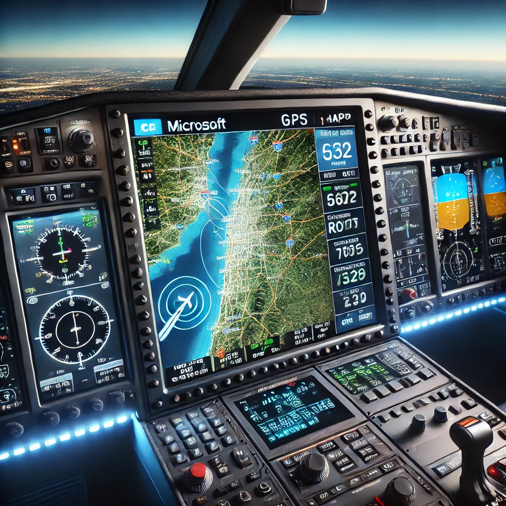 Microsoft Flight Simulator GPS map displayed in a virtual cockpit with vibrant details of waypoints, routes, and terrain awareness, set against a realistic sky background.