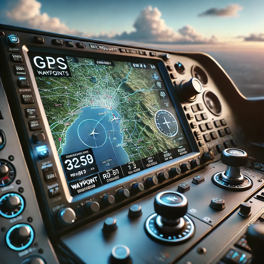 Close-up of the GPS map interface in Microsoft Flight Simulator, showcasing waypoints, routes, and flight paths in a modern cockpit with a scenic sky view.